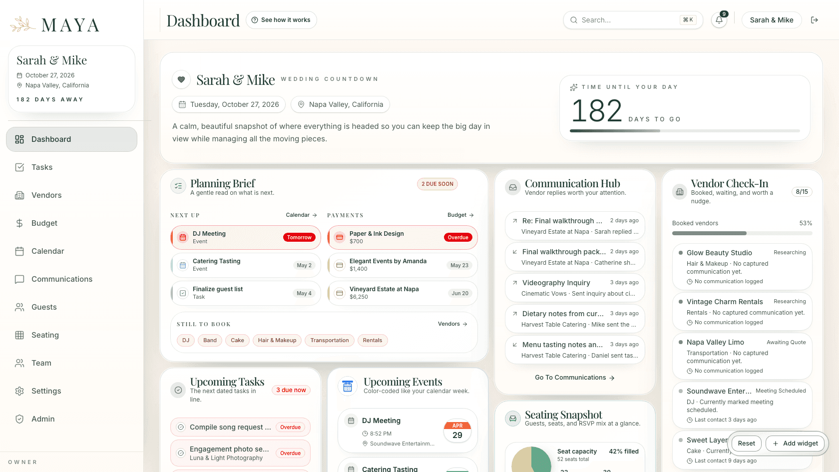 Maya dashboard overview with countdown, tasks, budget, and vendor widgets.